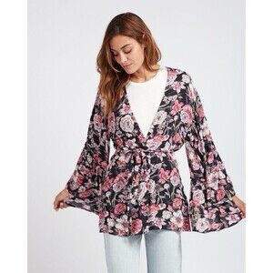 Billabong All Flored Kimono Wrap Floral Ruffle Duster Size S/M With Tie Colorful